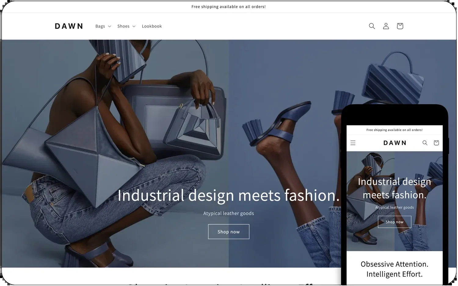 Discover "DAWN"—a free Shopify theme with a chic model presenting modern leather goods. See desktop and mobile homepage views.