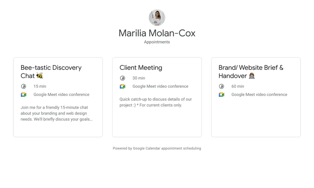 Screenshot of Marilia Molan-Cox’s booking page with Google Calendar options and icons, ideal for learning what a mood board is.