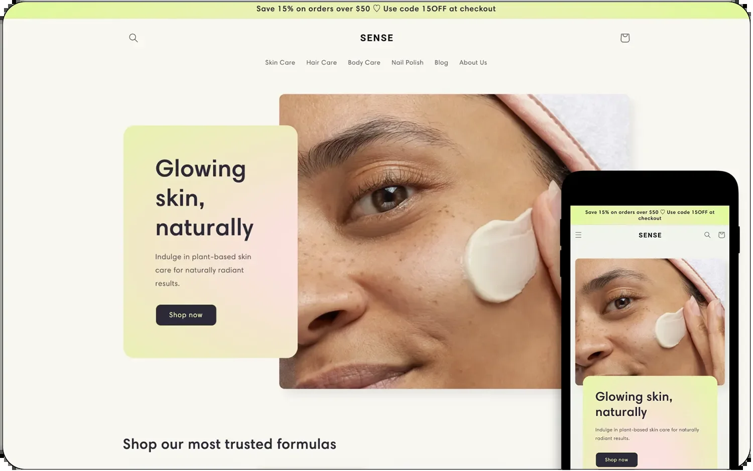 A person applies cream to their cheek with "Glowing skin, naturally" text, shown on desktop and mobile screens for Free Shopify Themes.