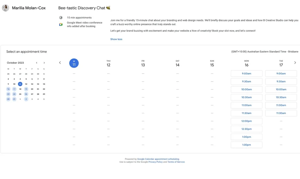 Online booking page screenshot with October 2023 calendar, 15-min Bee-tastic Discovery Chat slots, and info on what is a moodboard.