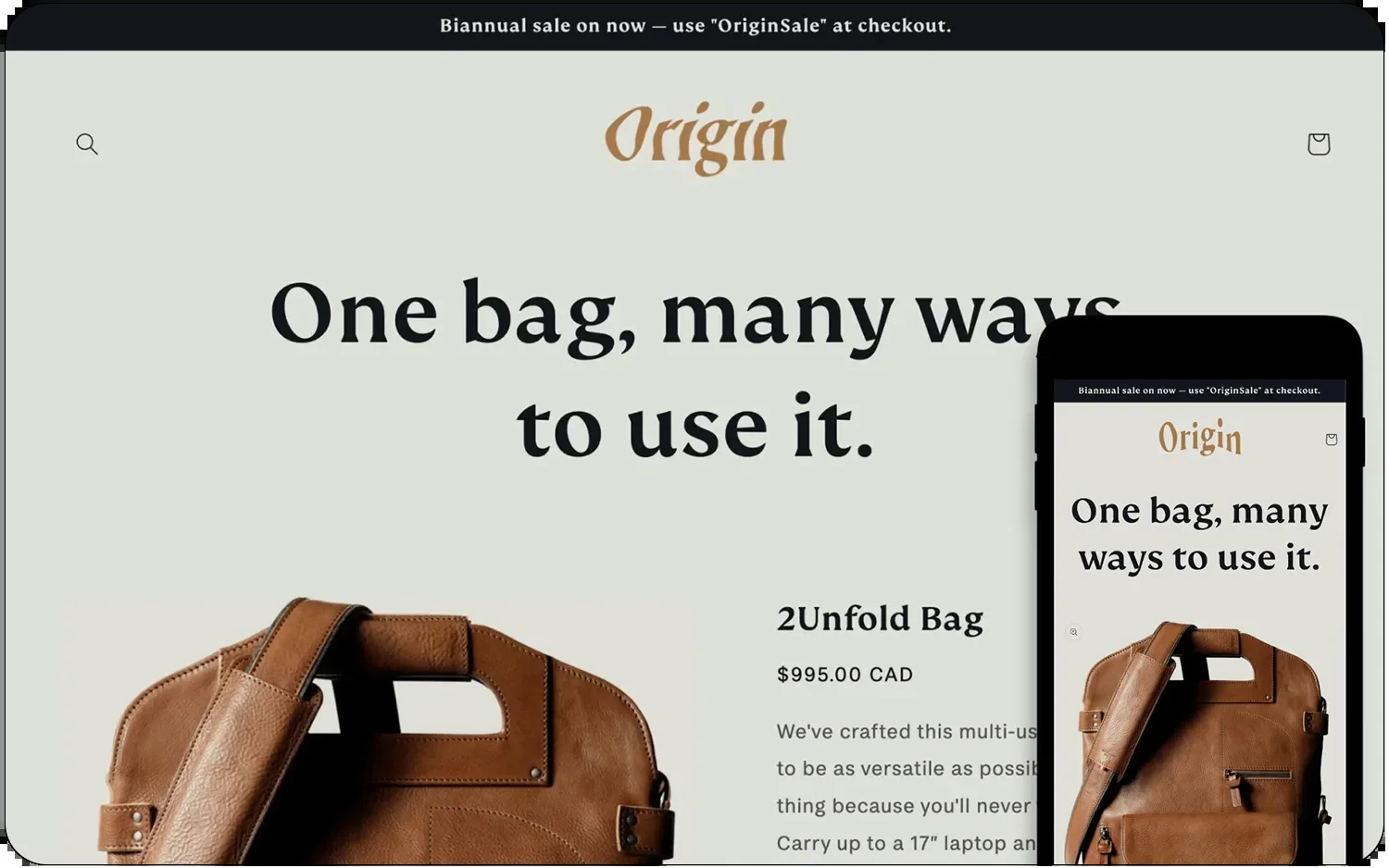 Origin’s website showcases a brown leather bag and the phrase "One bag, many ways to use it" with Free Shopify Themes visible on mobile.