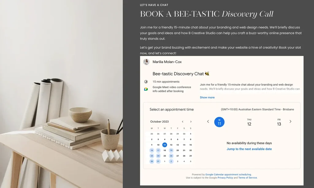 Website section featuring "BOOK A BEE-TASTIC Discovery Call," Google Calendar form, and info on what is a mood board, styled desk décor.