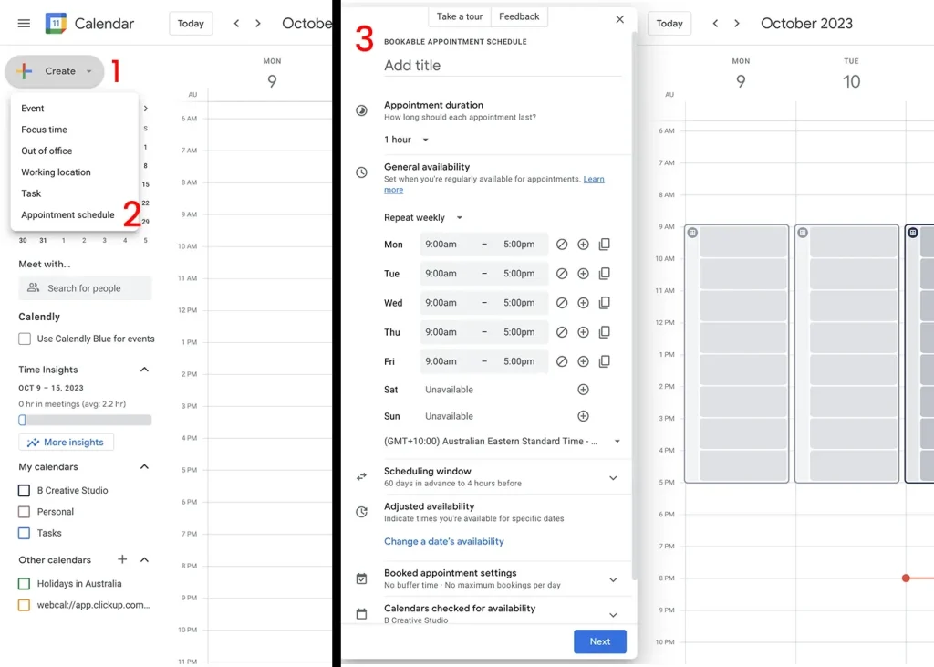 A three-step guide for what is a mood board: Step 1, click “+ Create;” Step 2, choose “Appointment schedule;” Step 3, set details.