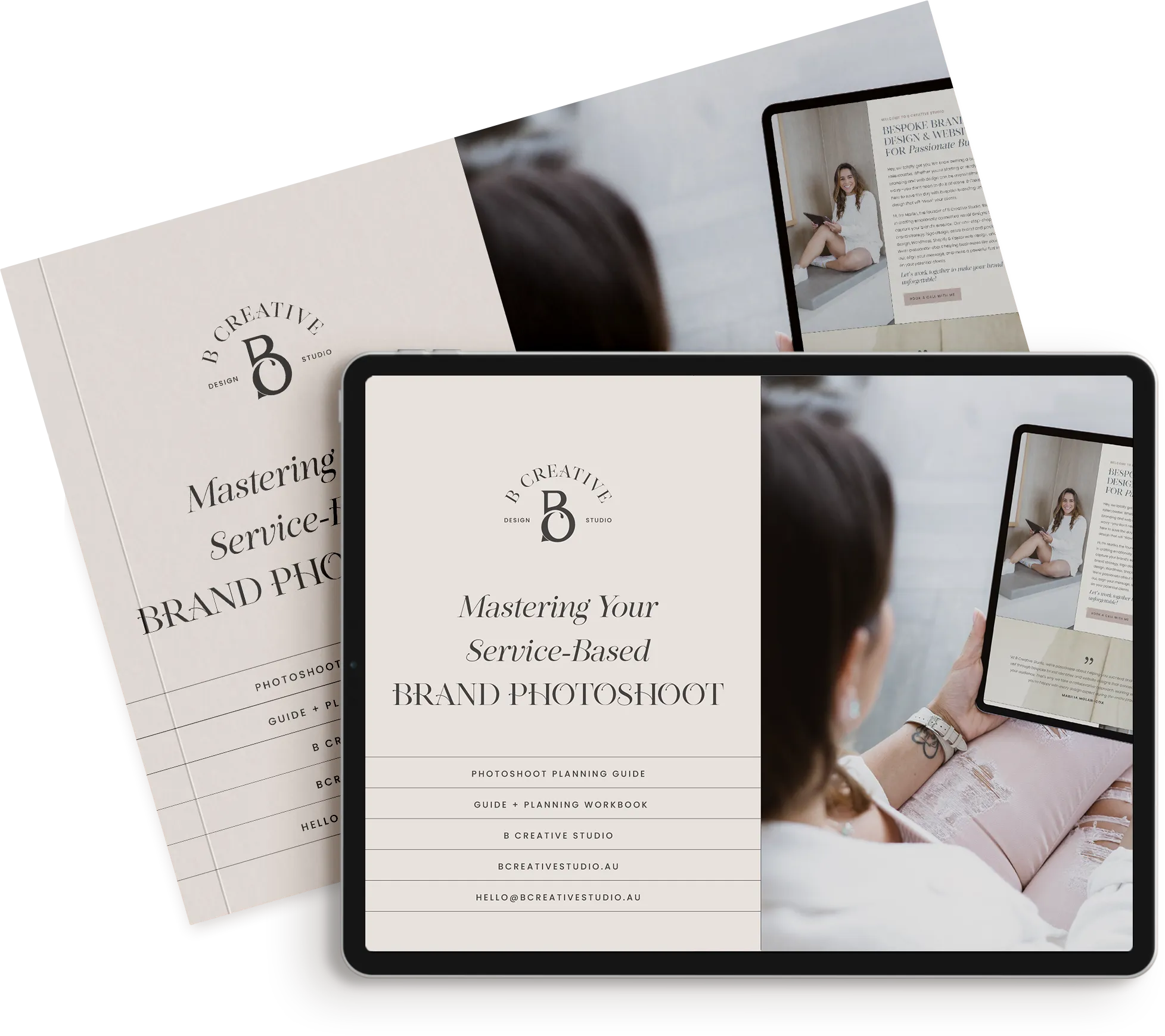 Two overlapping promotional materials for "Mastering Your Service-Based Brand Photoshoot" by B Creative Studio showcase how to prepare for a brand photoshoot—one is a printed flyer, and the other is a tablet displaying the same design and a woman's photo. Two overlapping promotional materials for "Mastering Your Service-Based Brand Photoshoot" by B Creative Studio showcase how to prepare for a brand photoshoot—one is a printed flyer, and the other is a tablet displaying the same design and a woman's photo.