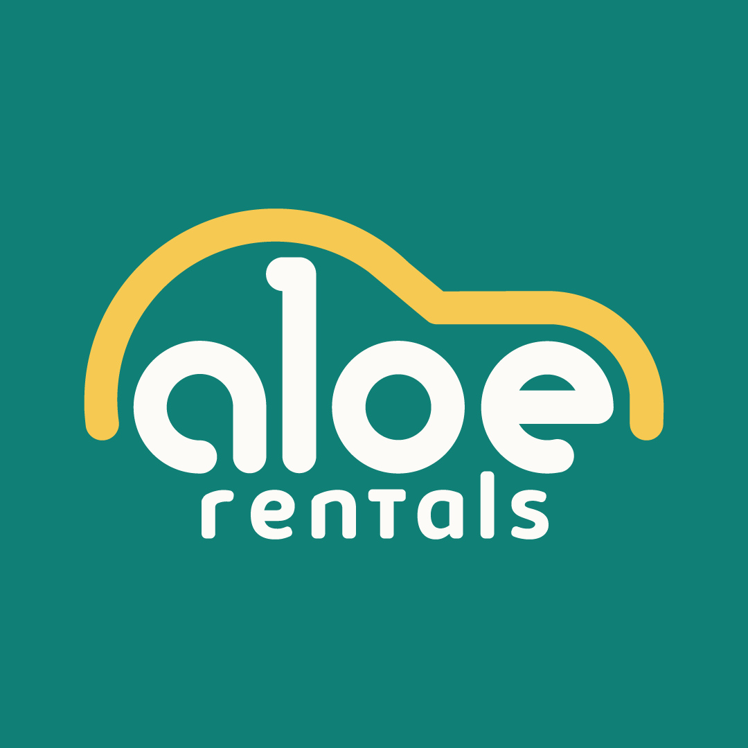 Logo for "aloe rentals" on a teal background. The word "aloe" is in bold white lowercase letters, with a yellow curved line above forming the outline of a car. "rentals" is written below in smaller white lowercase letters. Logo for "aloe rentals" on a teal background. The word "aloe" is in bold white lowercase letters, with a yellow curved line above forming the outline of a car. "rentals" is written below in smaller white lowercase letters.
