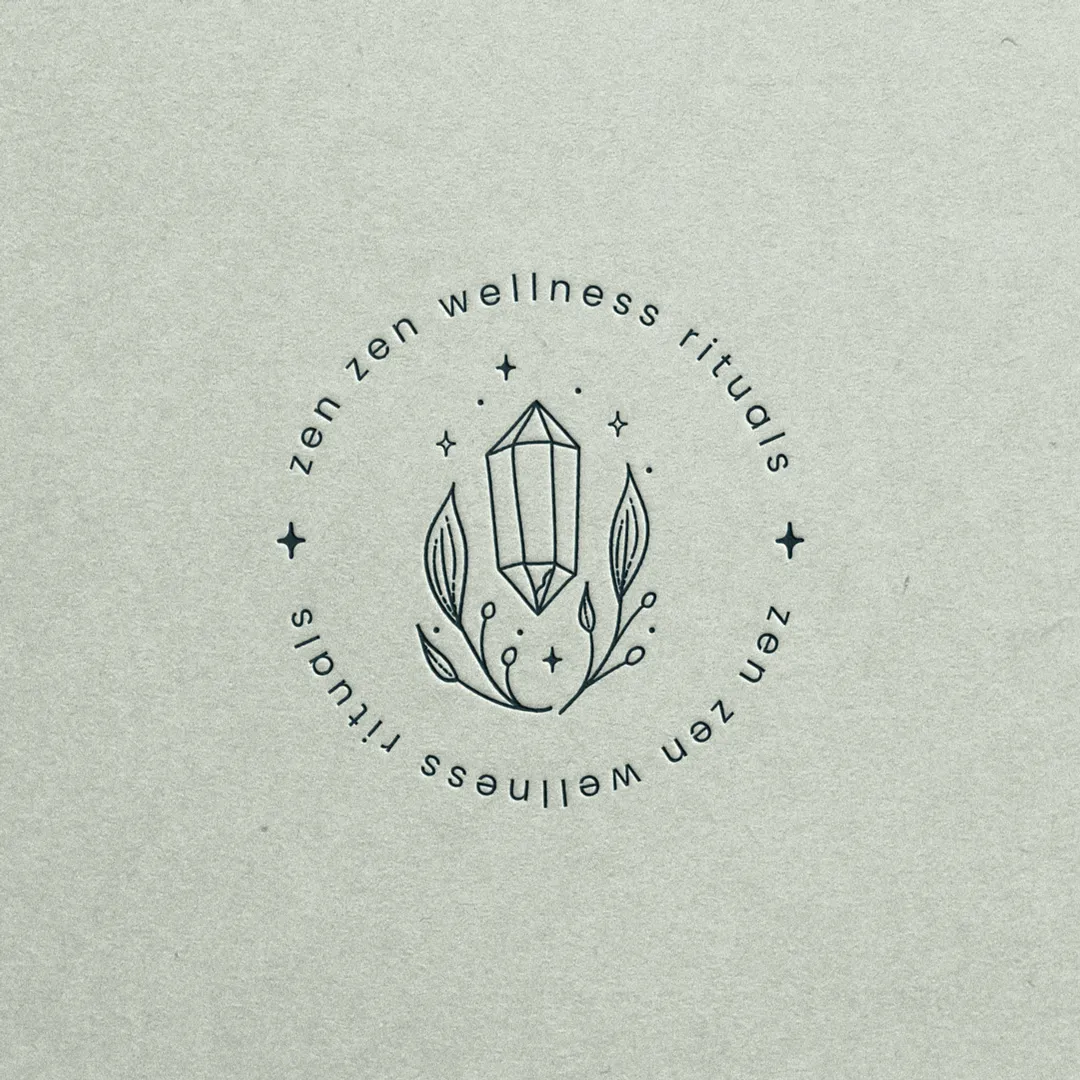Minimalist logo for a Shopify shop for wellness products, featuring a geometric crystal, stars, leaves, and "zen zen wellness rituals" text. Minimalist logo for a Shopify shop for wellness products, featuring a geometric crystal, stars, leaves, and "zen zen wellness rituals" text.
