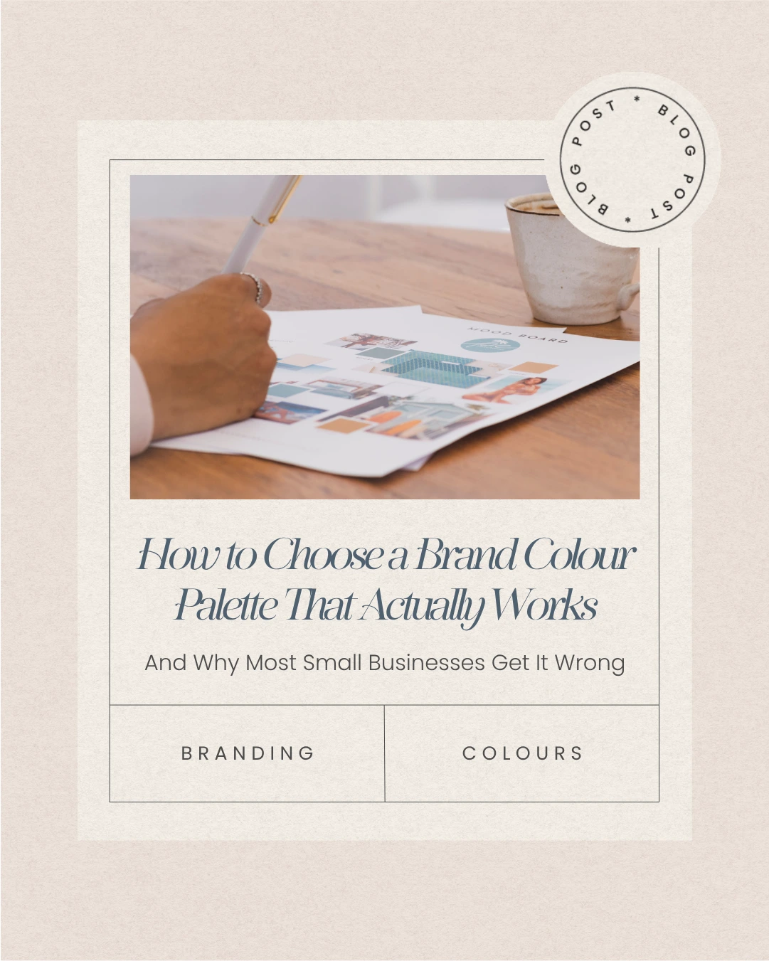 A brand colour palette displayed across branding touchpoints including website, social media, and printed stationery